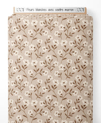 Tissu - Fleurs blanches avec centre marron