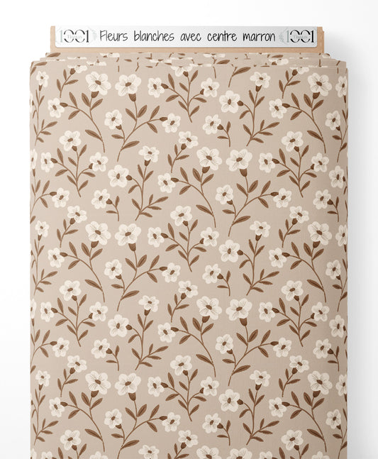 Tissu - Fleurs blanches avec centre marron