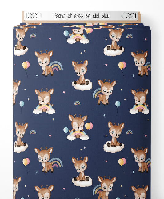 Tissu - Faons et arcs-en-ciel bleu