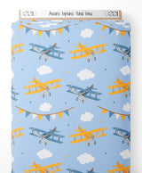 Tissu - Avions biplans sur fond bleu