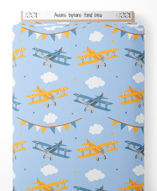 Tissu - Avions biplans sur fond bleu