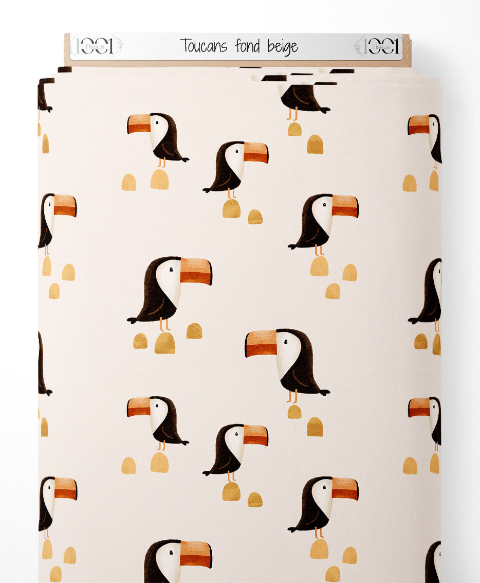 Tissu - Toucans sur fond beige