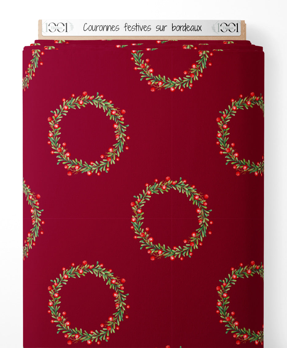 Tissu - Couronnes festives sur bordeaux