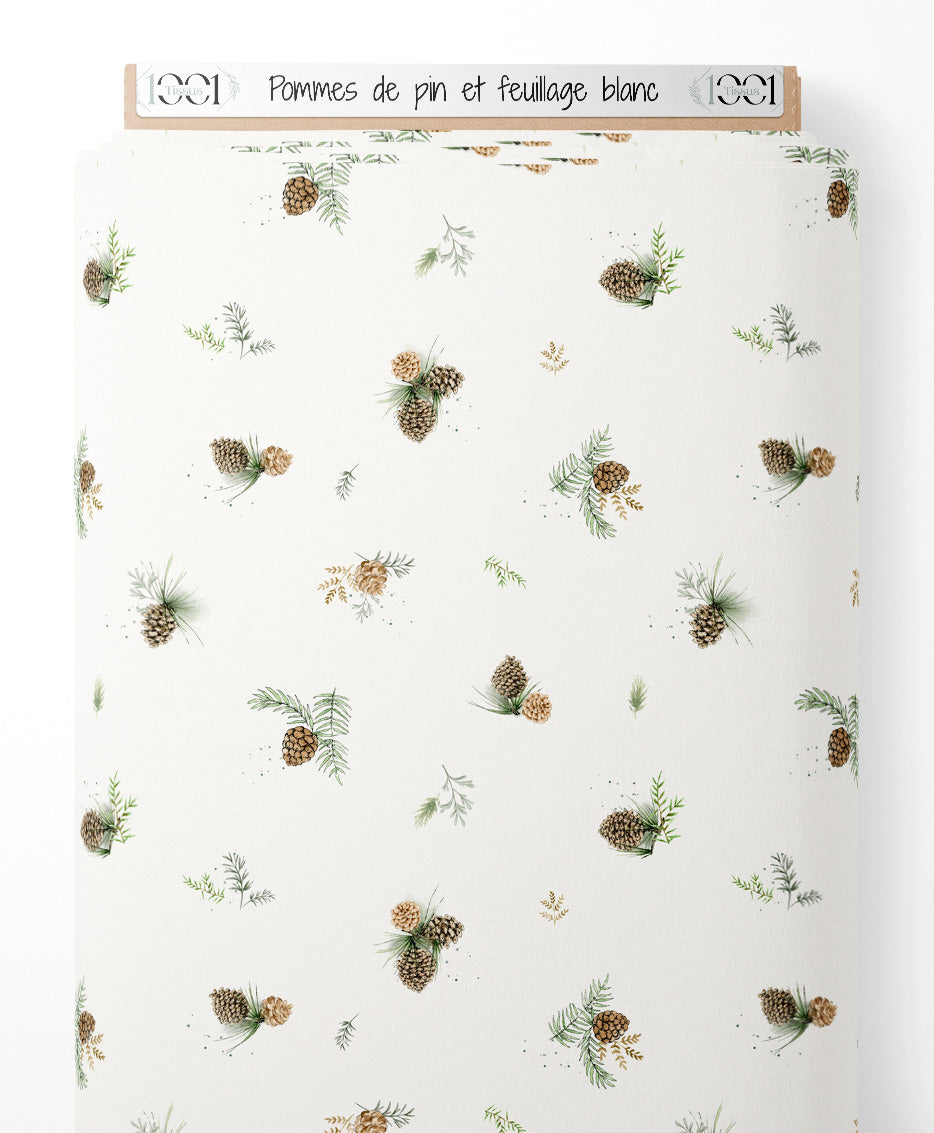 Tissu - Pommes de pin et feuillage blanc