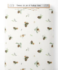 Tissu - Pommes de pin et feuillage blanc