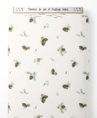 Tissu - Pommes de pin et feuillage blanc