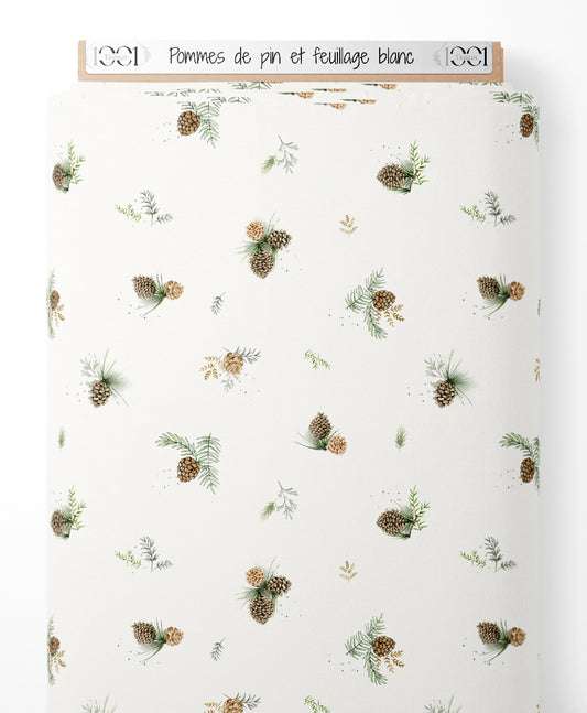 Tissu - Pommes de pin et feuillage blanc