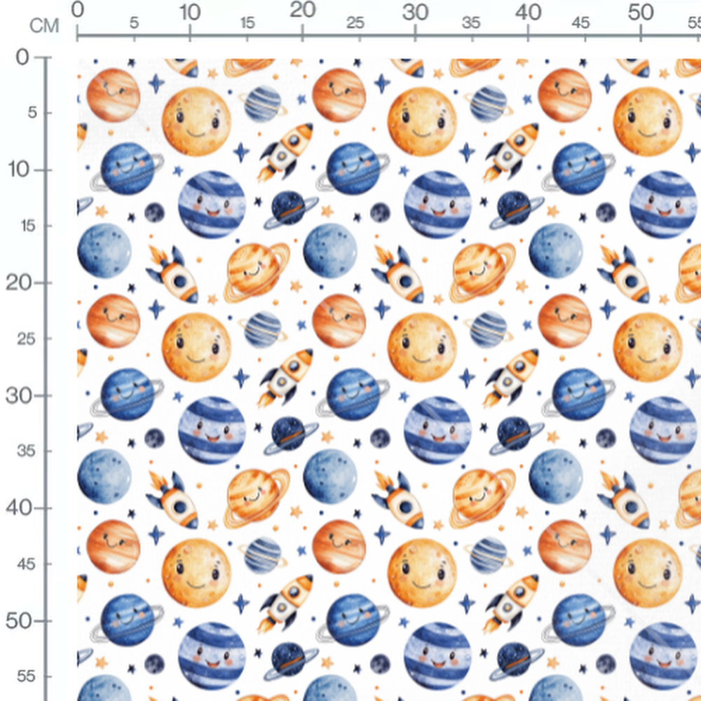 Tissu - Planètes souriantes sur blanc