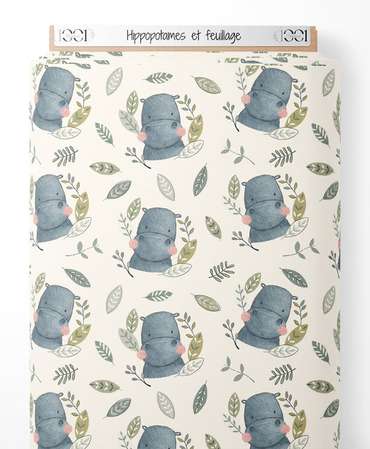 Tissu - Hippopotames et feuillage