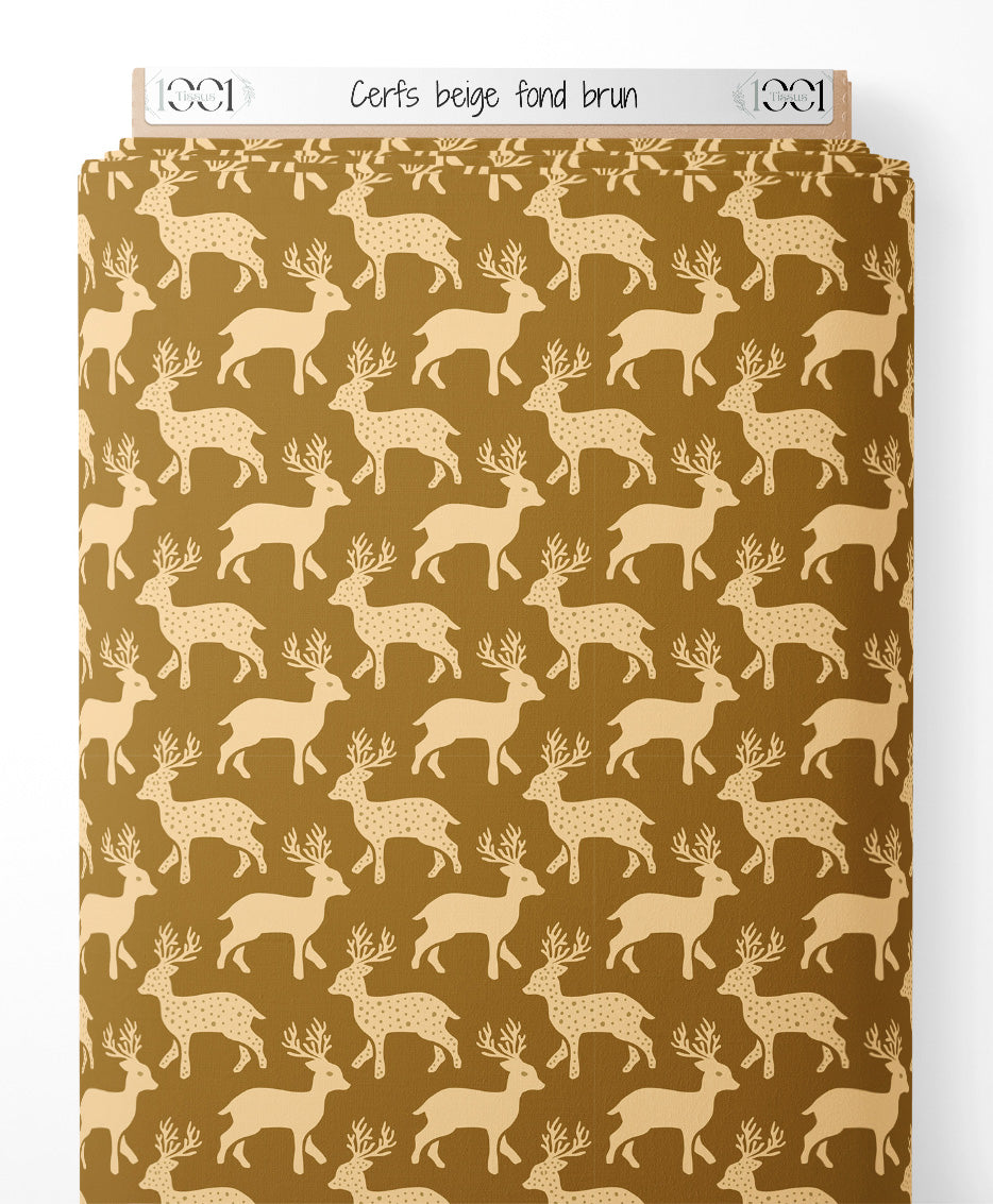 Tissu - Cerfs beige sur fond brun