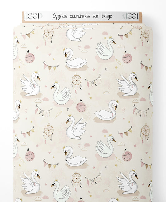 Tissu - Cygnes couronnés sur beige
