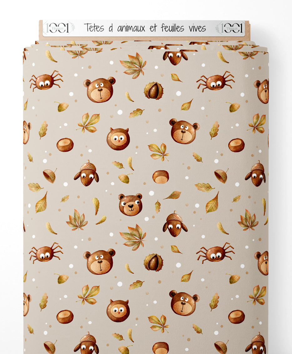 Tissu - Têtes d'animaux et feuilles vives