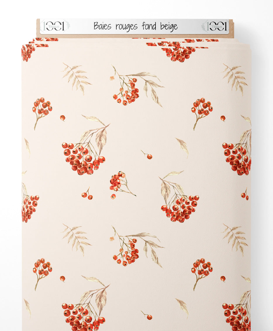 Tissu - Baies rouges sur fond beige