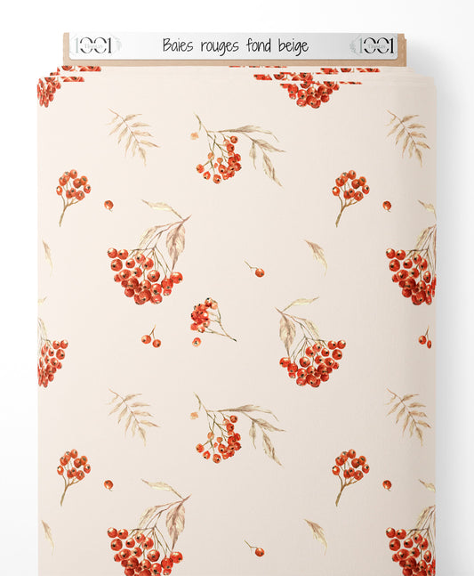 Tissu - Baies rouges sur fond beige