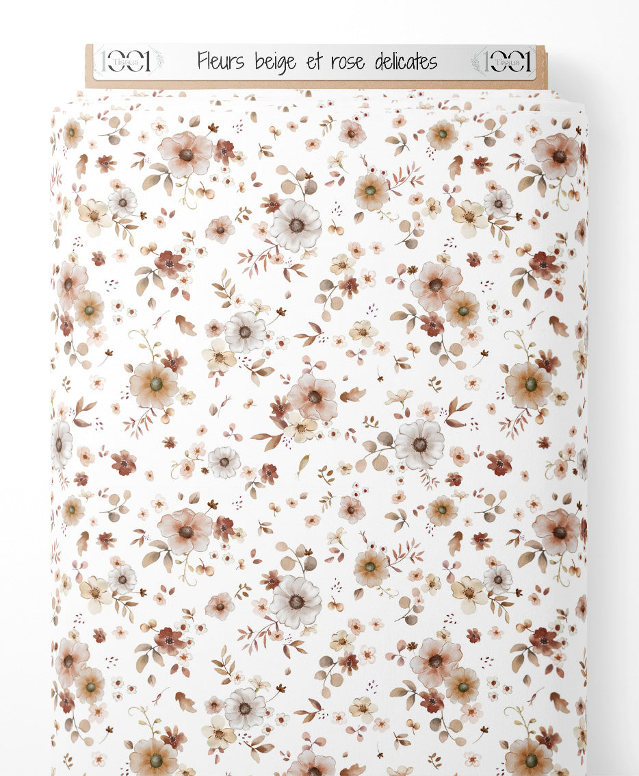Tissu - Fleurs beige et rose délicates