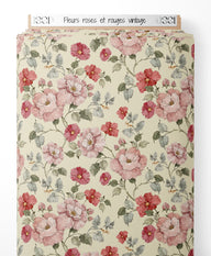 Tissu - Fleurs roses et rouges vintage