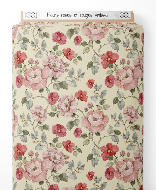 Tissu - Fleurs roses et rouges vintage