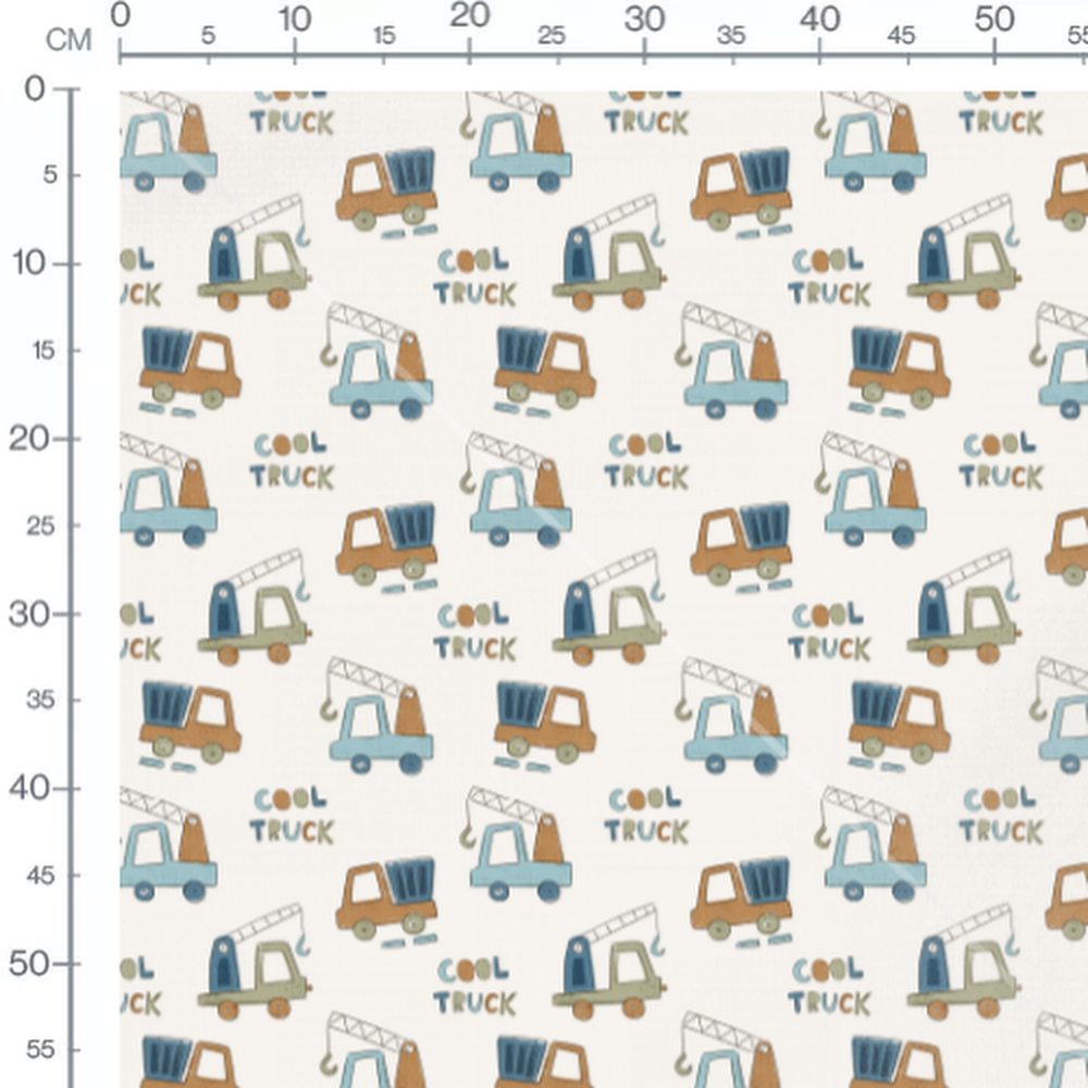 Tissu - Camions bleus sur fond blanc