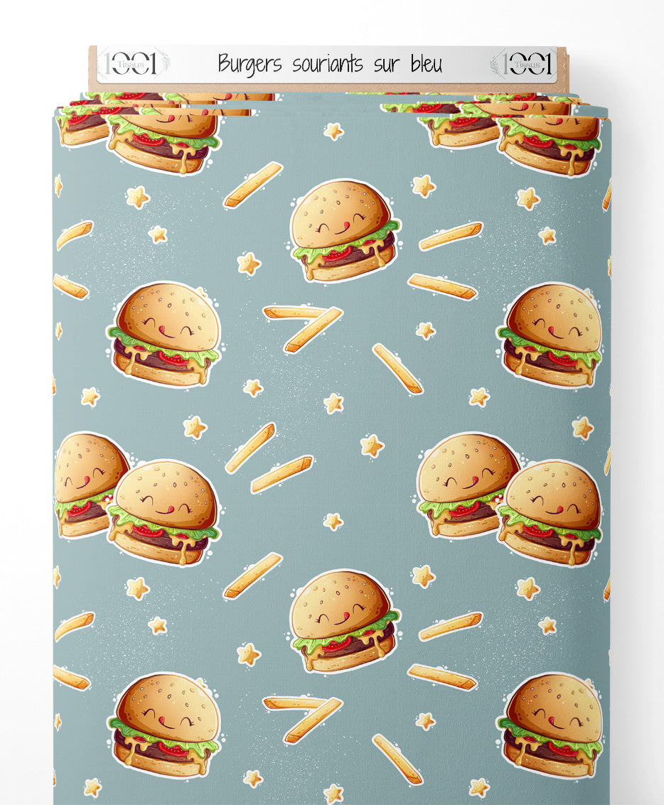 Tissu - Burgers souriants sur bleu