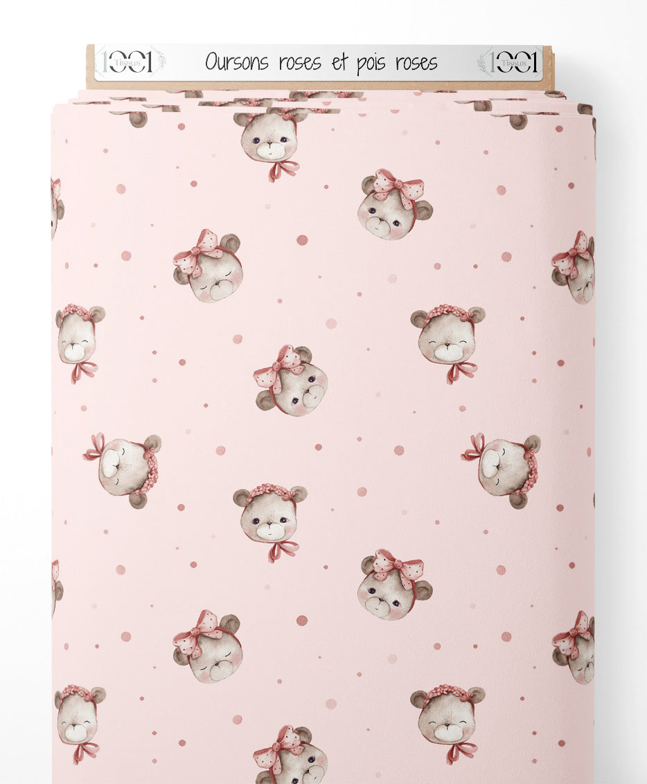 Tissu - Oursons roses et pois roses