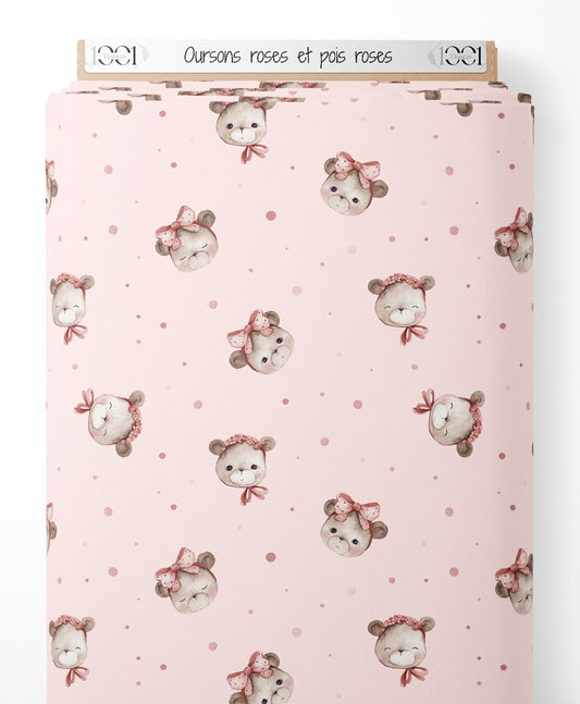 Tissu - Oursons roses et pois roses