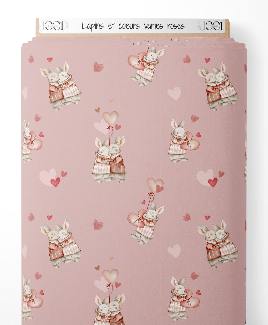 Tissu - Lapins et cœurs variés roses