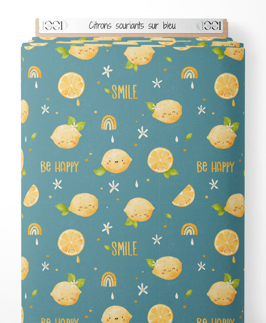Tissu - Citrons souriants sur bleu