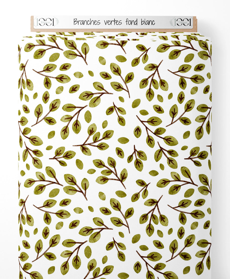 Tissu - Branches vertes sur fond blanc