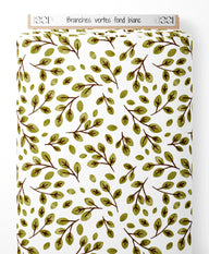 Tissu - Branches vertes sur fond blanc