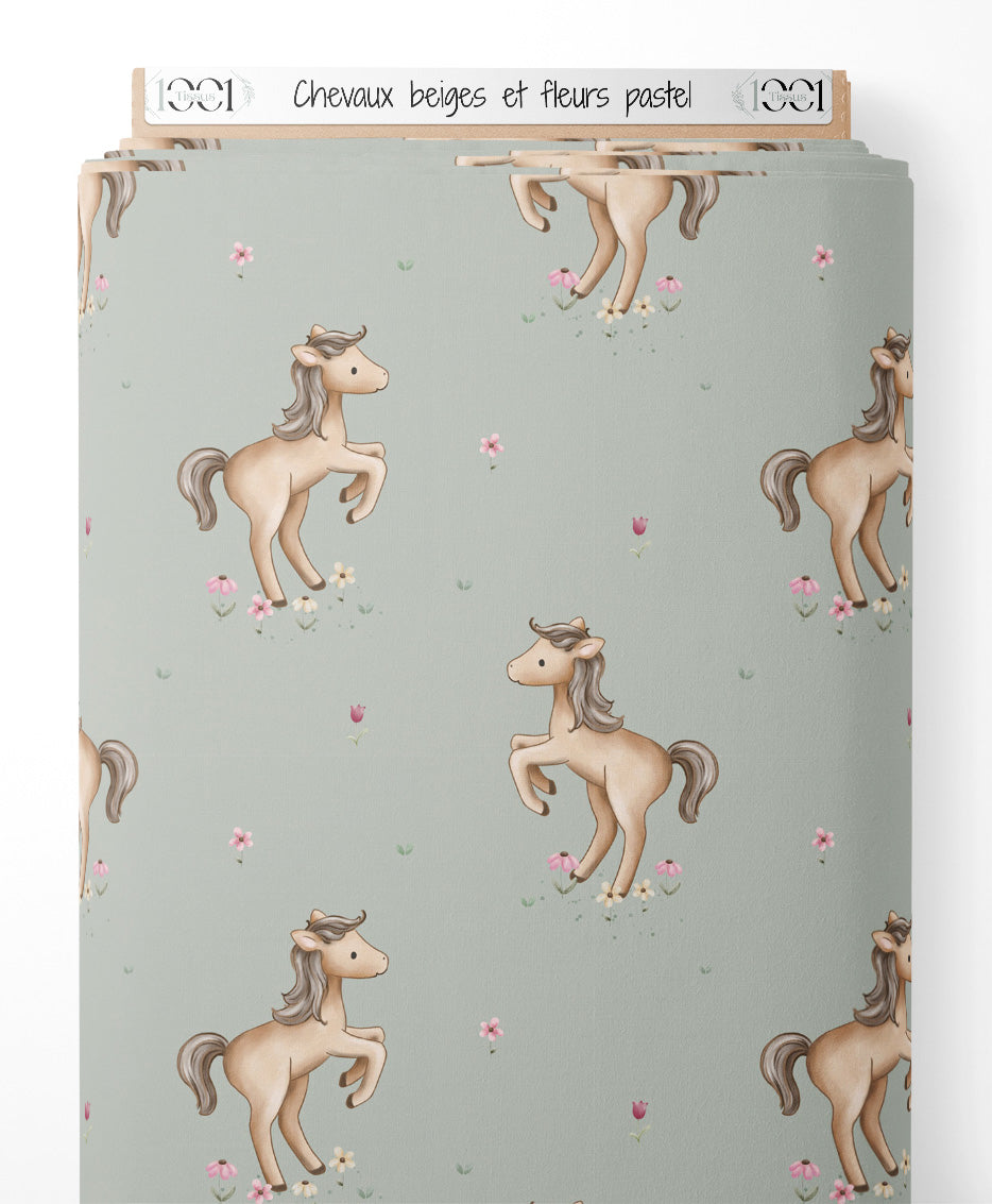 Tissu - Chevaux beiges et fleurs pastel