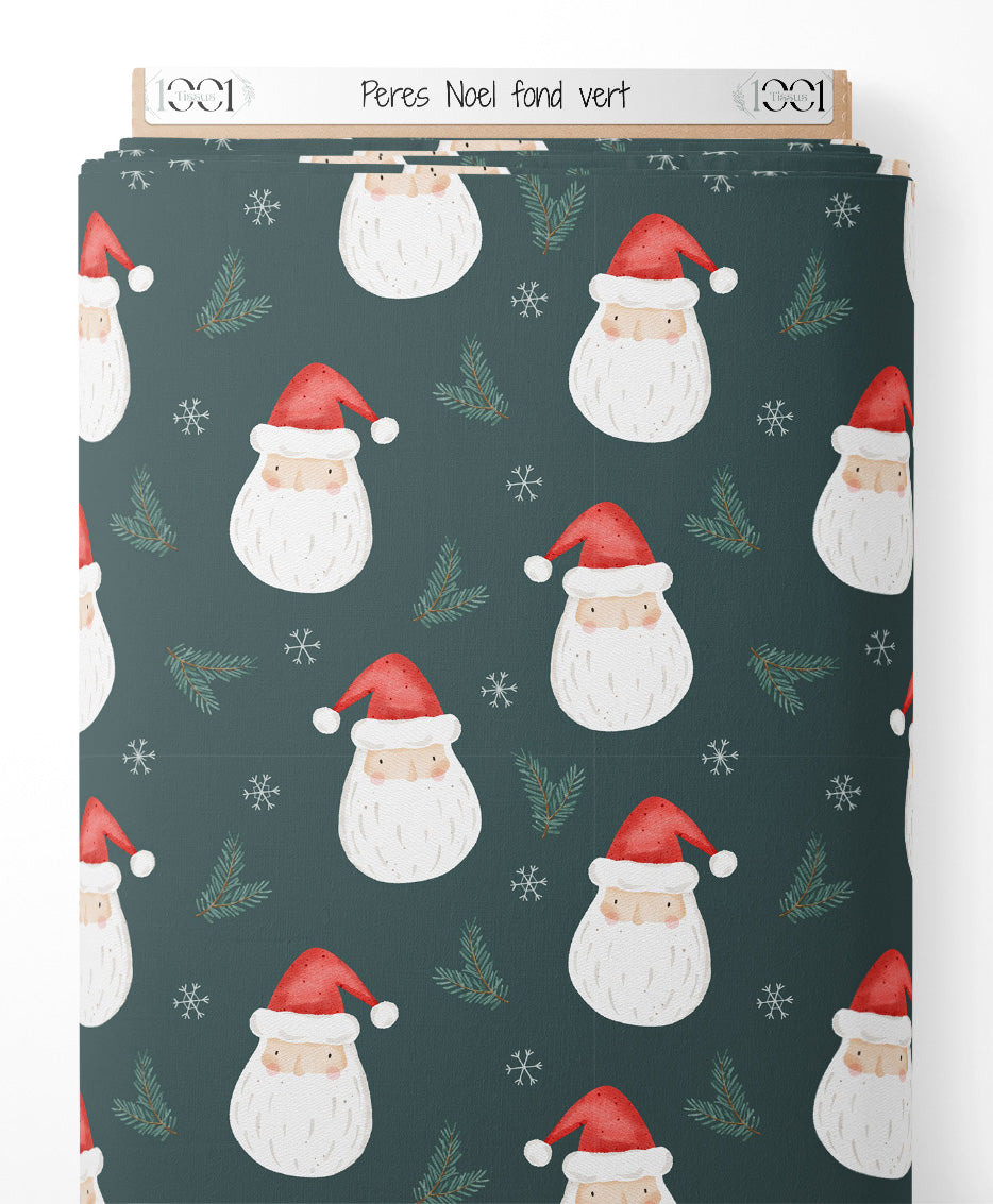 Tissu - Pères Noël sur fond vert