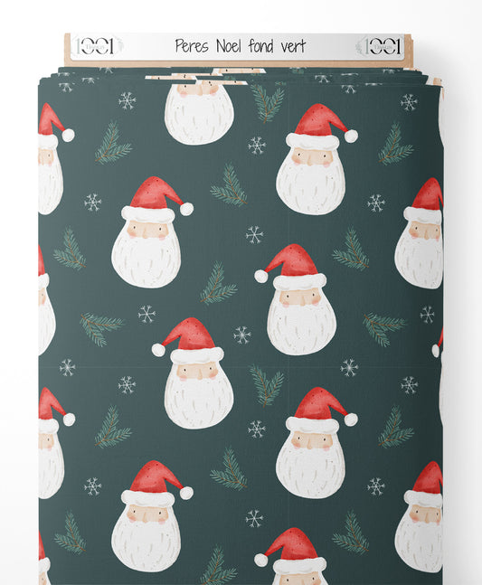 Tissu - Pères Noël sur fond vert