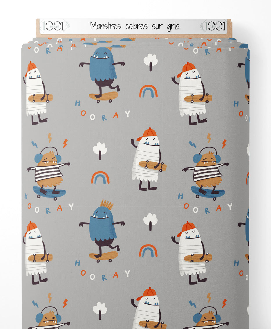 Tissu - Monstres colorés sur gris