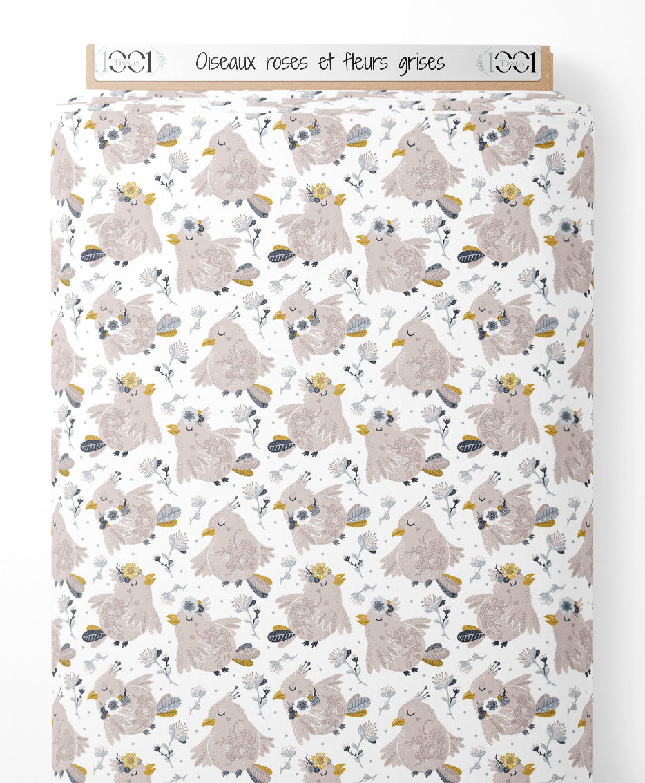 Tissu - Oiseaux roses et fleurs grises