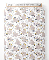 Tissu - Oiseaux roses et fleurs grises