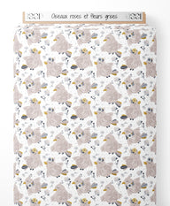 Tissu - Oiseaux roses et fleurs grises