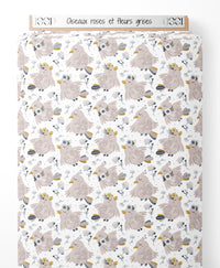 Tissu - Oiseaux roses et fleurs grises