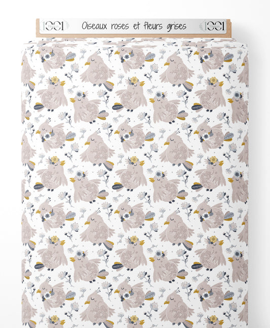 Tissu - Oiseaux roses et fleurs grises