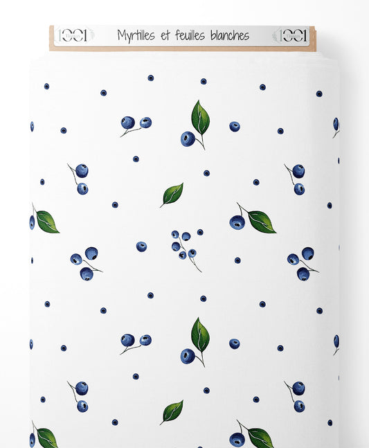 Tissu - Myrtilles et feuilles blanches