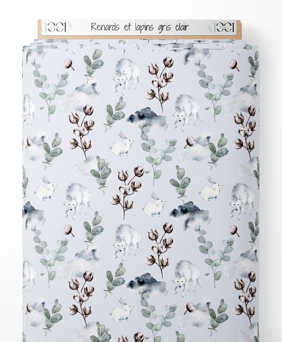 Tissu - Renards et lapins gris clair
