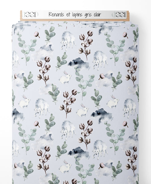 Tissu - Renards et lapins gris clair