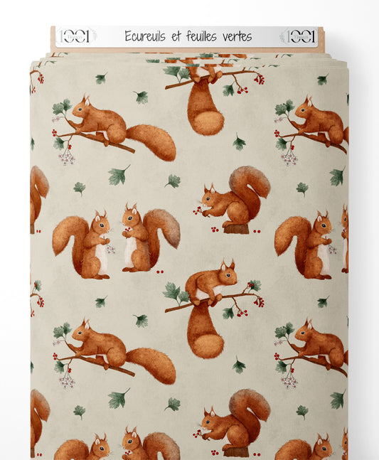 Tissu - Écureuils et feuilles vertes