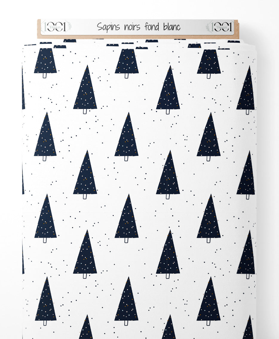 Tissu - Sapins noirs sur fond blanc