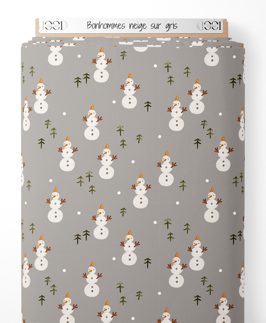 Tissu - Bonhommes neige sur gris
