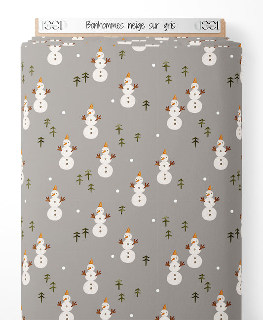 Tissu - Bonhommes neige sur gris