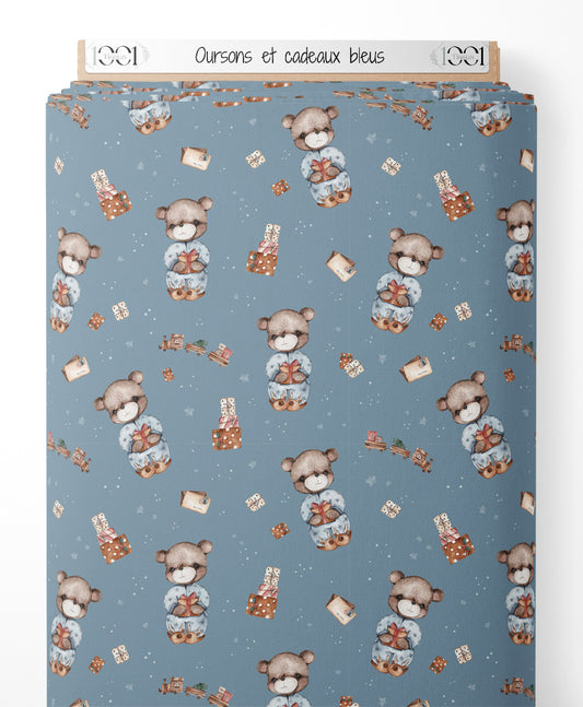 Tissu - Oursons et cadeaux bleus