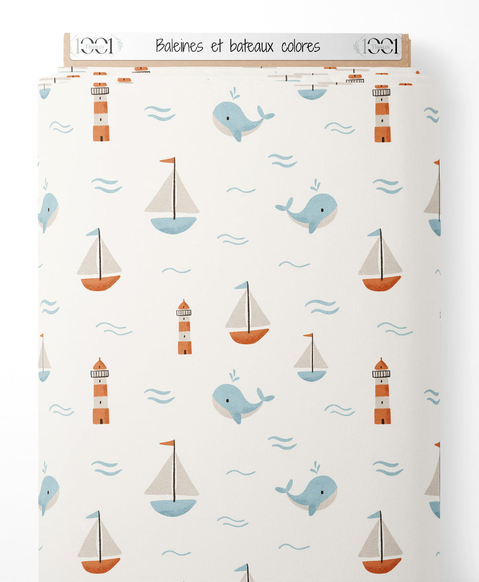 Tissu - Baleines et bateaux colorés