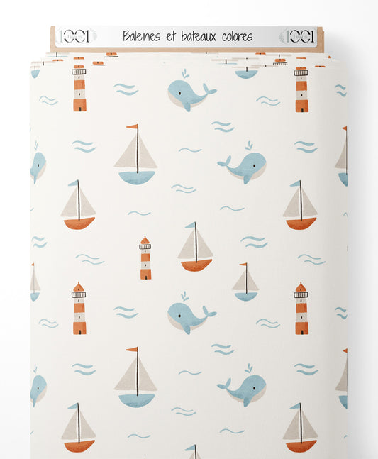 Tissu - Baleines et bateaux colorés