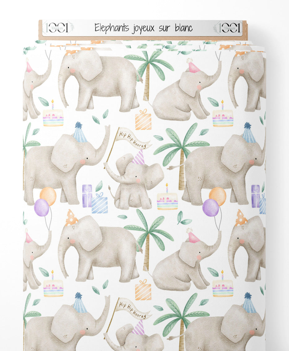 Tissu - Éléphants joyeux sur blanc