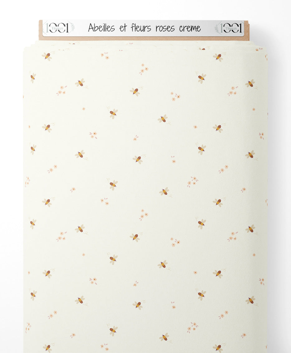 Tissu - Abeilles et fleurs roses crème